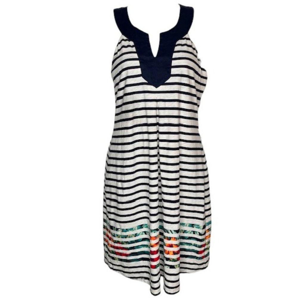 Tommy Bahama Striped Cotton Halter Dress Shelf Bra Hibiscus - Navy/White SP